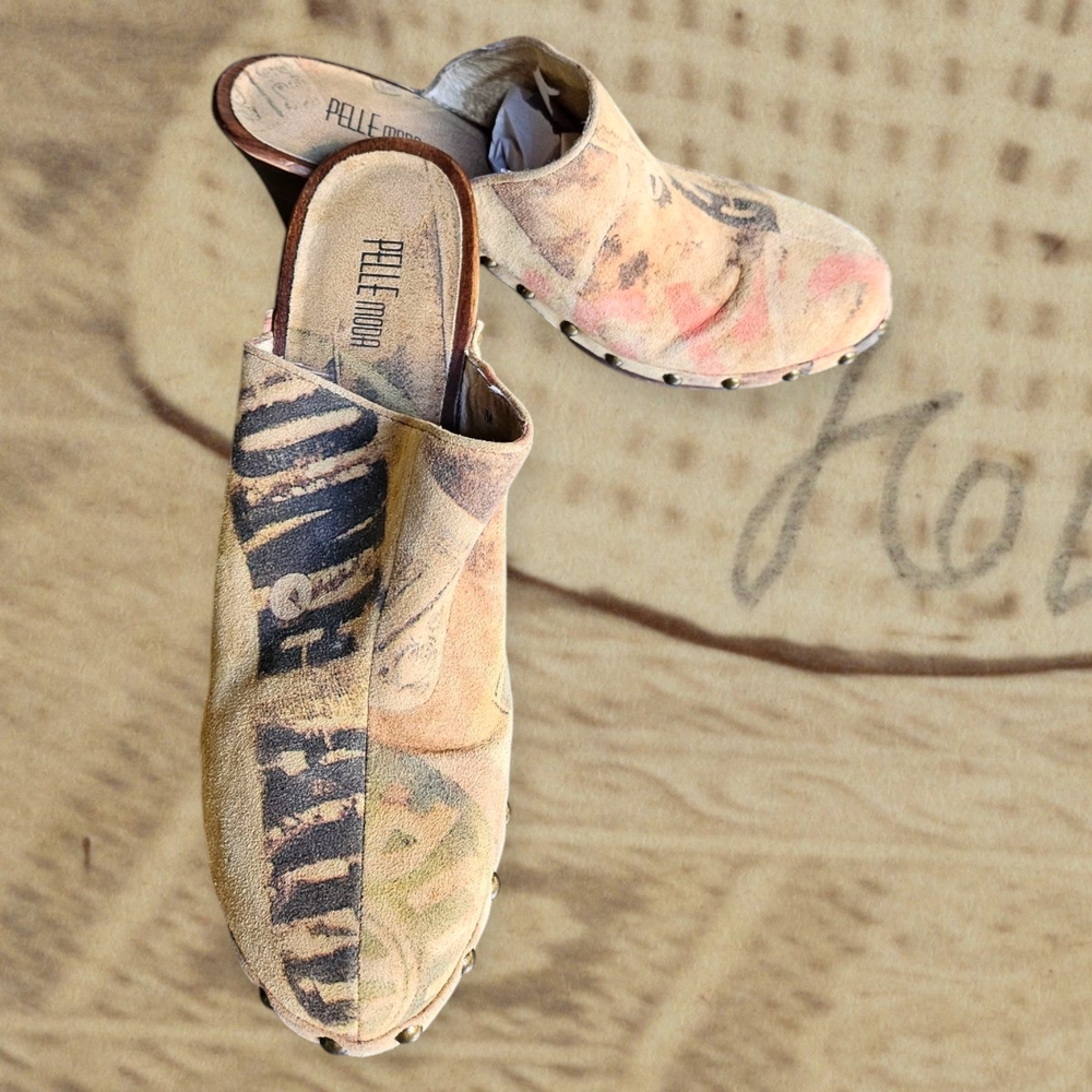 Pelle Moda Floral Print Leather Clogs in Pastel Pink and Tan - Picture 2 of 12